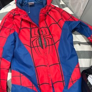 Boy, Spider-Man rain jacket.